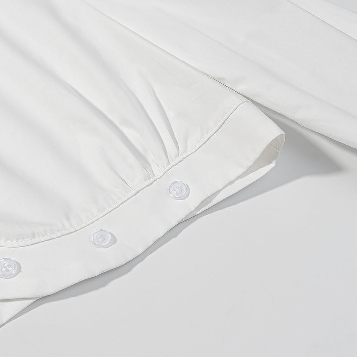 Women’s short blouse with embroidery anglaise trim, standing collar, and gathered waist Mune Fashion