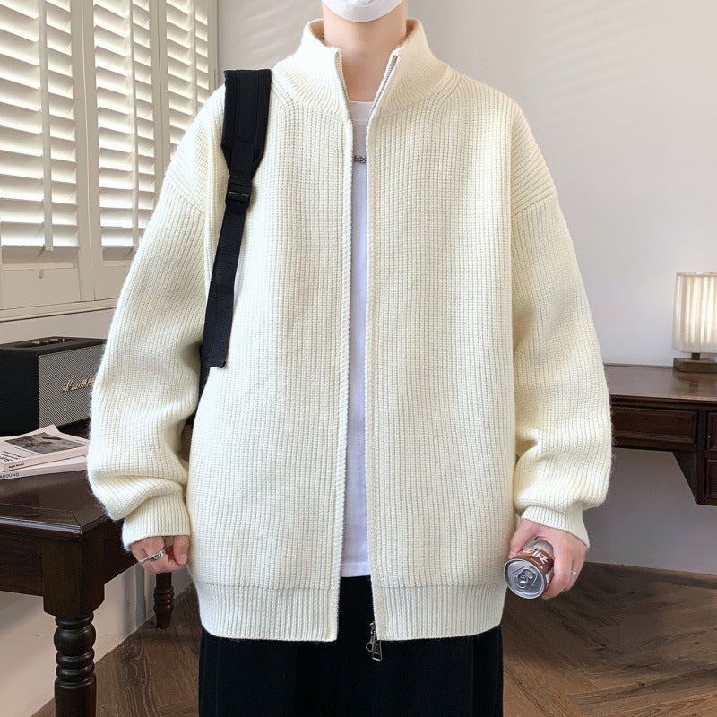 Men's Oversized Knit Zip Jacket with High Stand-Up Collar and Fine Rib Structure Mune Fashion