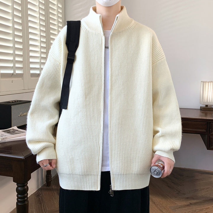 Men's Oversized Knit Zip Jacket with High Stand-Up Collar and Fine Rib Structure Mune Fashion