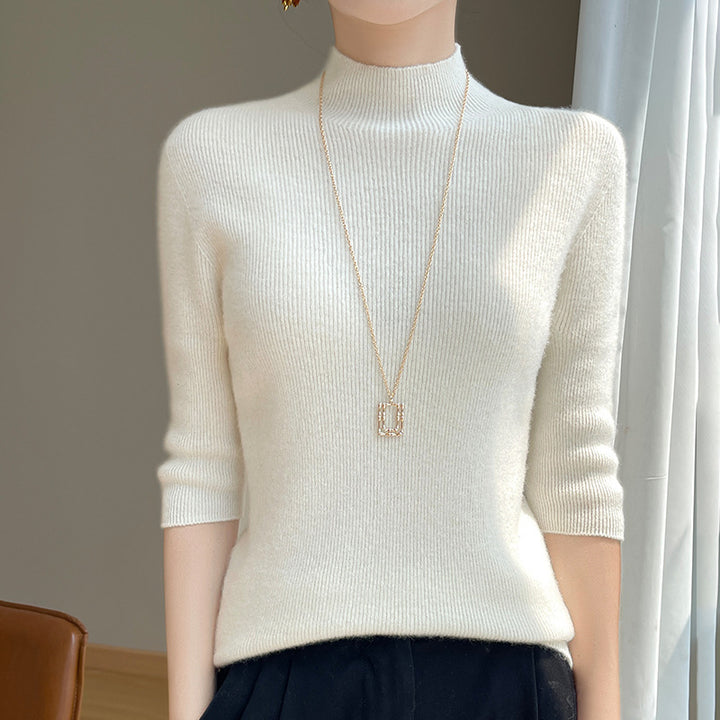 Women's Short Sleeve Mock Neck Sweater with Fluffy Angora Look Mune Fashion