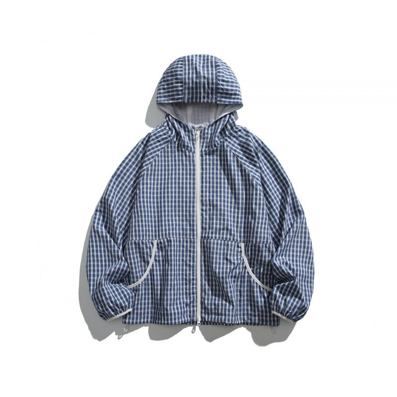 Unisex Lightweight Checked Windbreaker Jacket with Hood, Raglan Sleeves, and Drawstring Mune Fashion