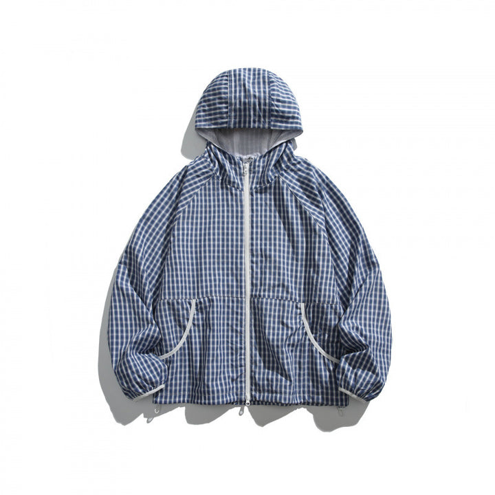 Unisex Lightweight Checked Windbreaker Jacket with Hood, Raglan Sleeves, and Drawstring Mune Fashion