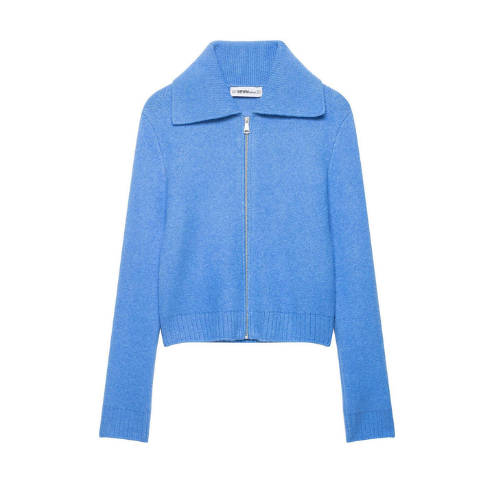 Women's chunky knitted short jacket with zipper, wide collar and ribbed hem Mune Fashion