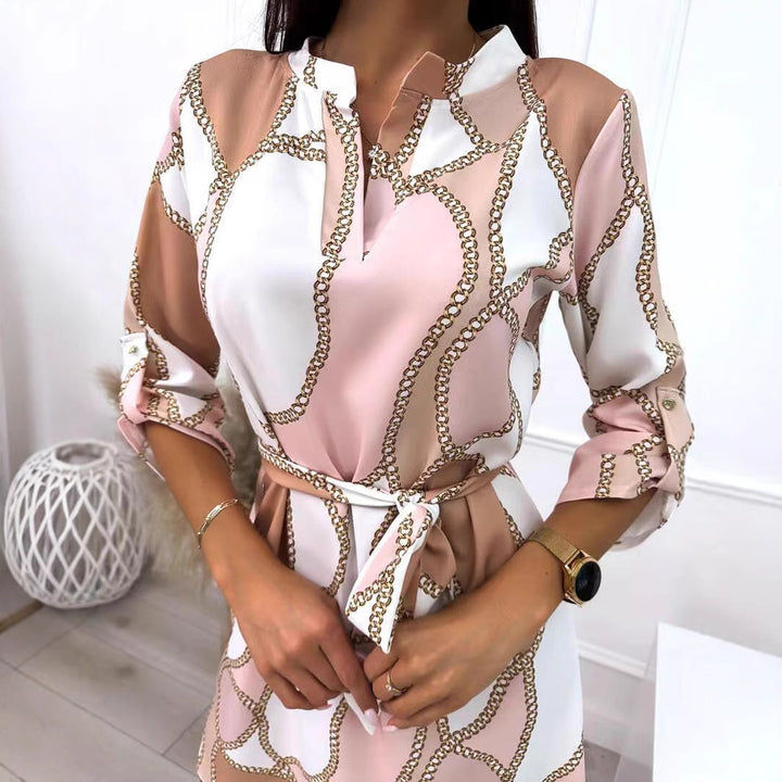 Women's relaxed fall shirt dress with chain print, detachable waist belt and roll-up three-quarter sleeves Mune Fashion