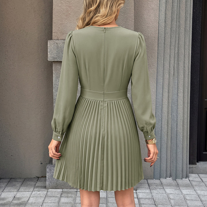 Women's Pleated Mini Dress with Deep V-Neck and Long Sleeves Mune Fashion