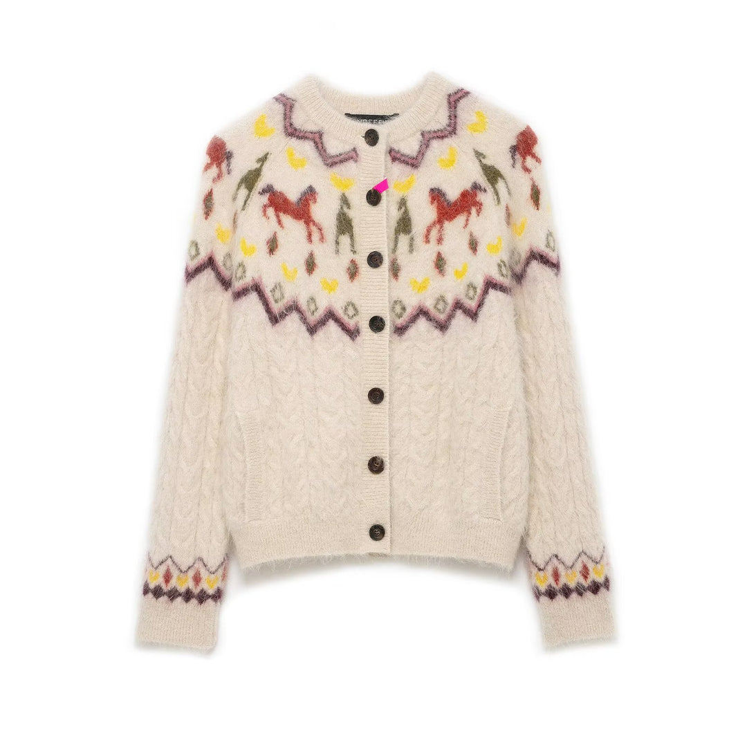 Women's knitted cardigan with Norwegian pattern and horse motif, cable pattern and button placket Mune Fashion