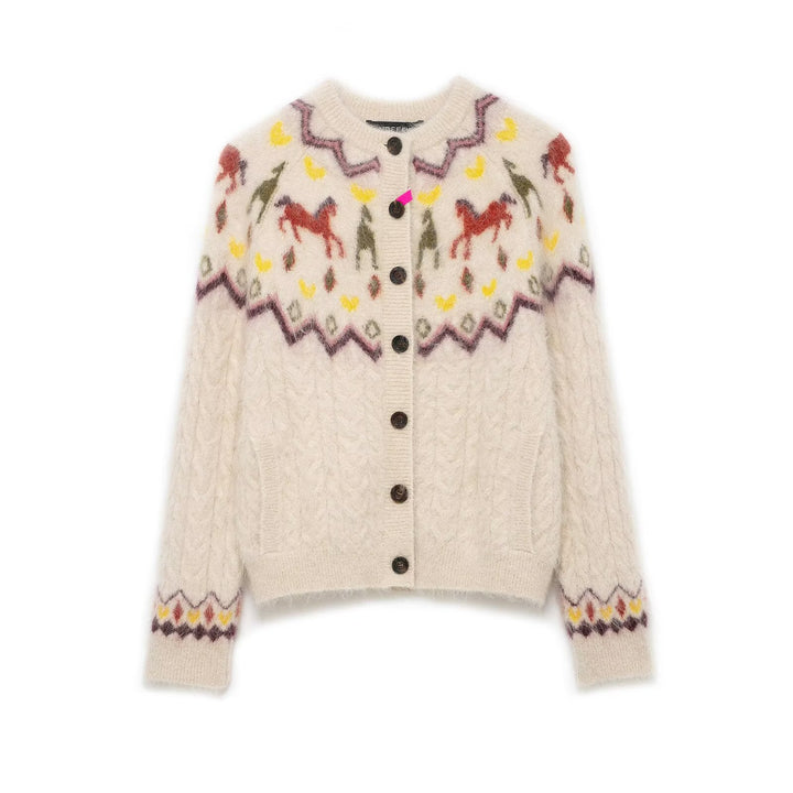 Women's knitted cardigan with Norwegian pattern and horse motif, cable pattern and button placket Mune Fashion