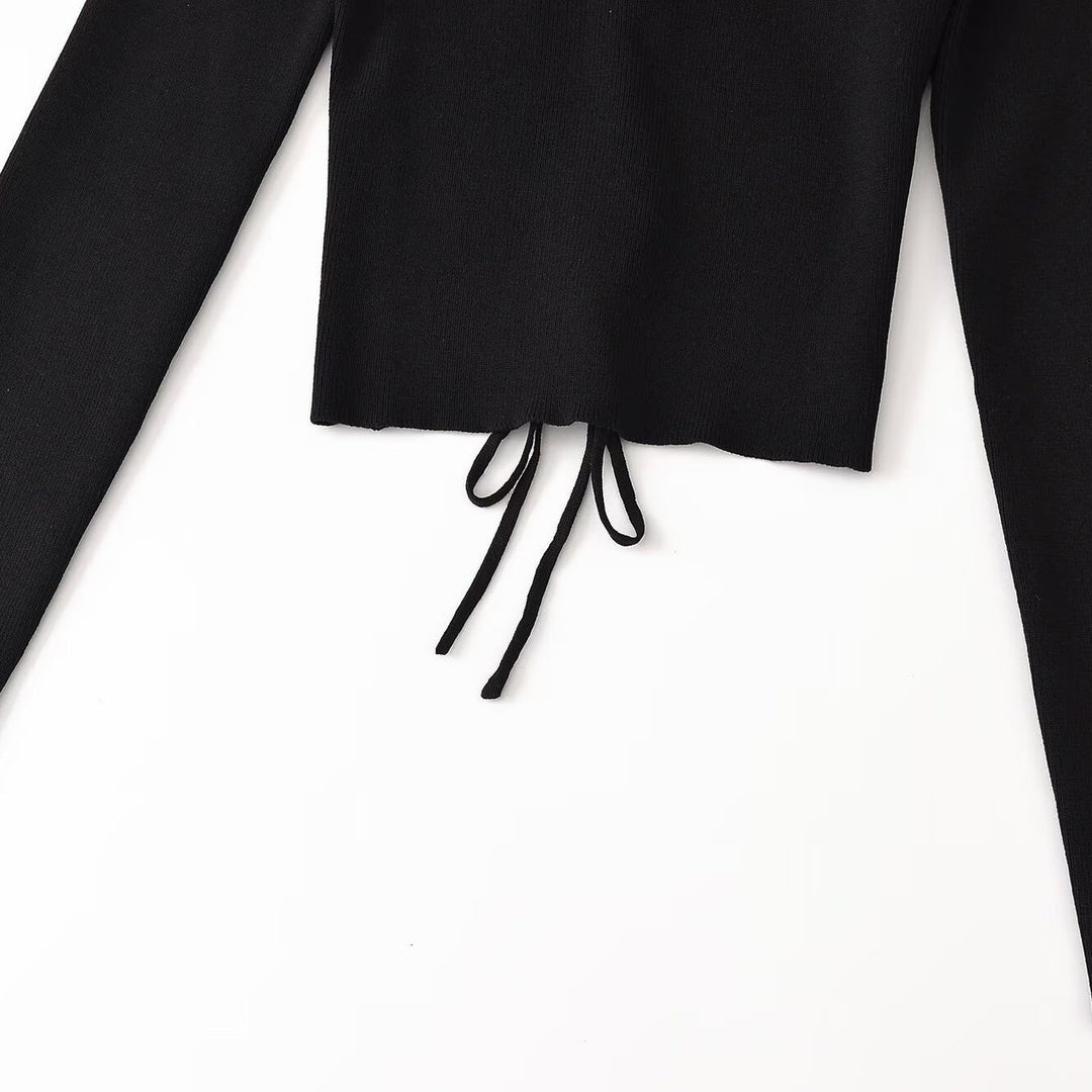 Women's Cropped Fine Knit Top with Deep V-Neck, Decorative Lacing Front and Drawstring Hem