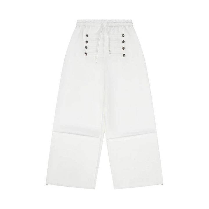 Ladies Wide High-Waist Culotte Pants with Comfort Waistband, Drawstring and Decorative Button Placket Mune Fashion