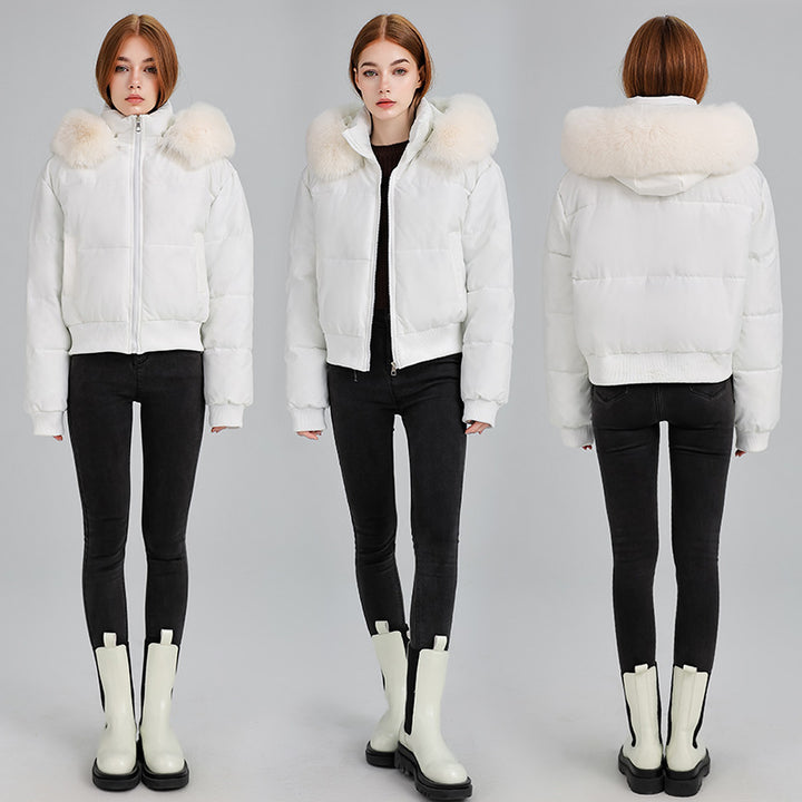Women's Short Bomber Quilted Jacket with Removable Plush Collar and Ribbed Hem Mune Fashion