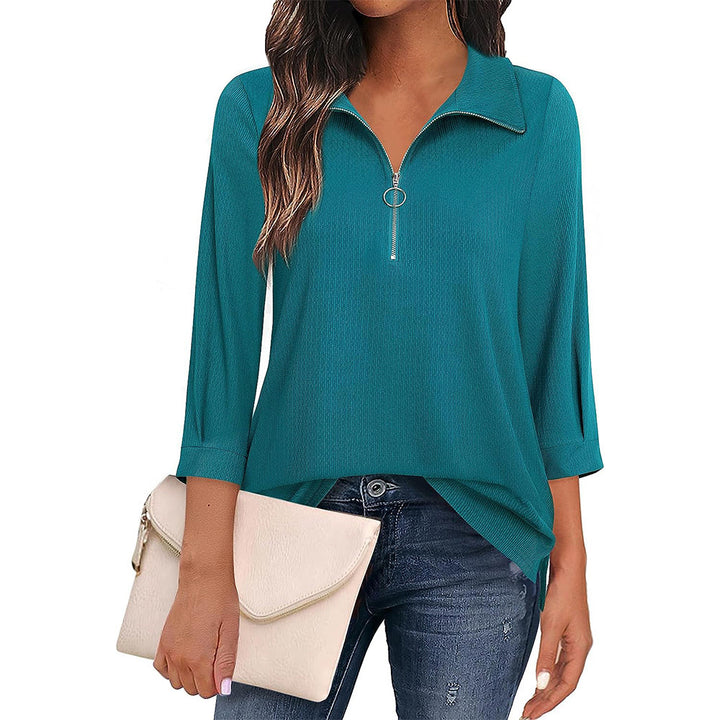 Women's casual blouse with zip collar, three-quarter sleeves, and flared hem Mune Fashion