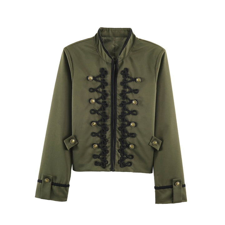 Women's Cropped Short Blazer in Cavalry Style with Decorative Cord Straps and Brass Buttons Drune
