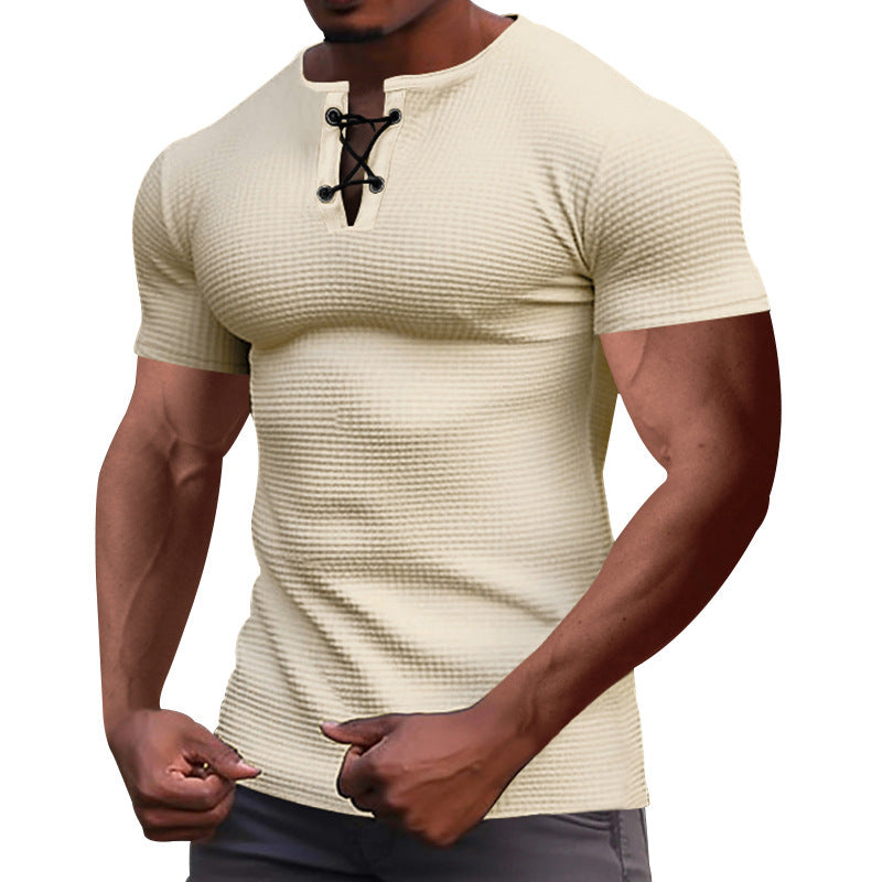 Men's short-sleeve shirt with lace collar, metal eyelets, and fine structured jersey Mune Fashion