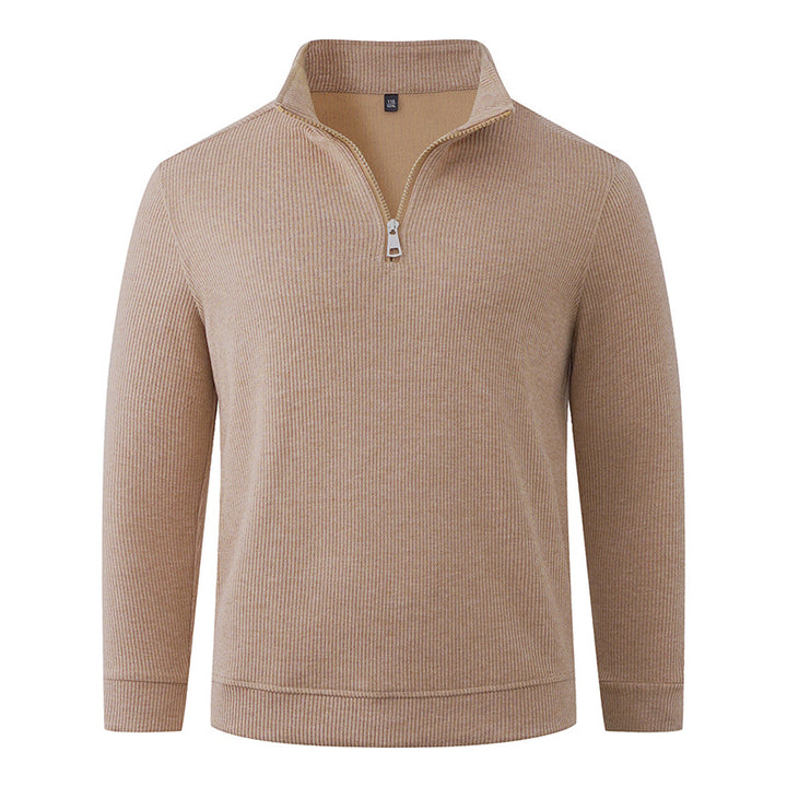 Men's Half-Zip Knit Sweater with Stand Collar and Rib Structure Mune Fashion