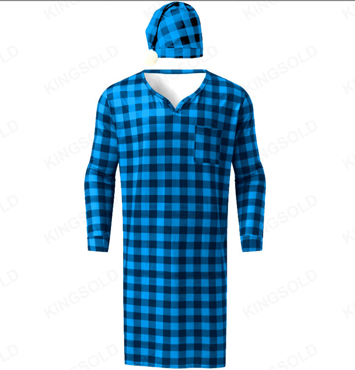 Men's long plaid nightgown with chest pocket and matching pointed hat Mune Fashion