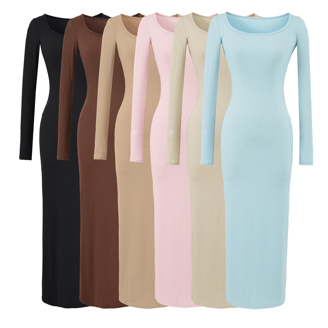 Women's figure-hugging ribbed midi dress with wide round neckline and long sleeves