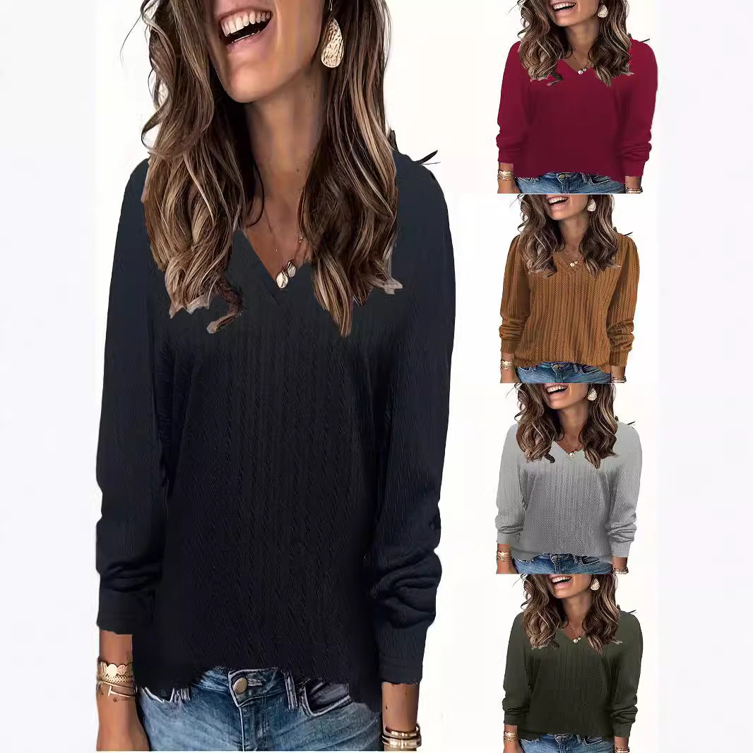 Women's fine knit long sleeve shirt with V-neck and cable pattern Mune Fashion