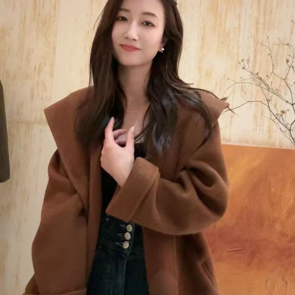 Women's Short Wool Coat with Waist Belt and Oversized Sleeves Mune Fashion