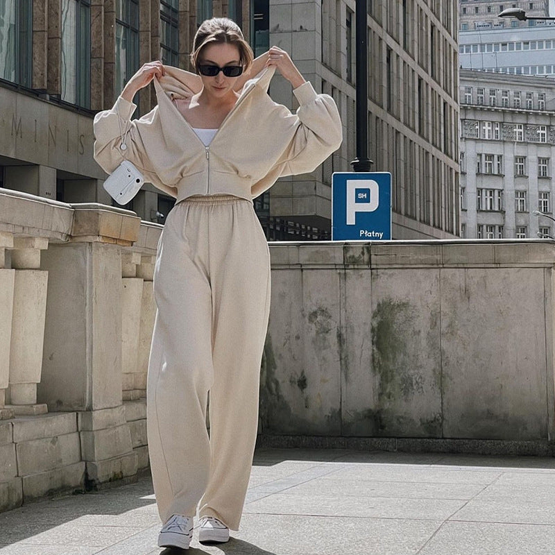 Women short zipper cropped hoodie with high waistband palazzo jogging pants set Mune Fashion