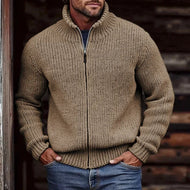 Men's chunky knit cardigan with stand-up collar and continuous zipper Mune Fashion