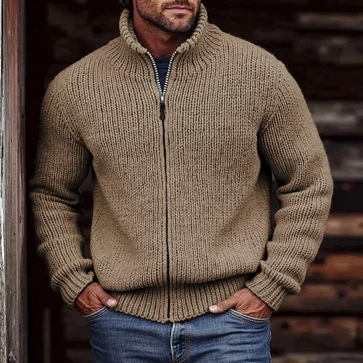 Men's chunky knit cardigan with stand-up collar and continuous zipper Mune Fashion