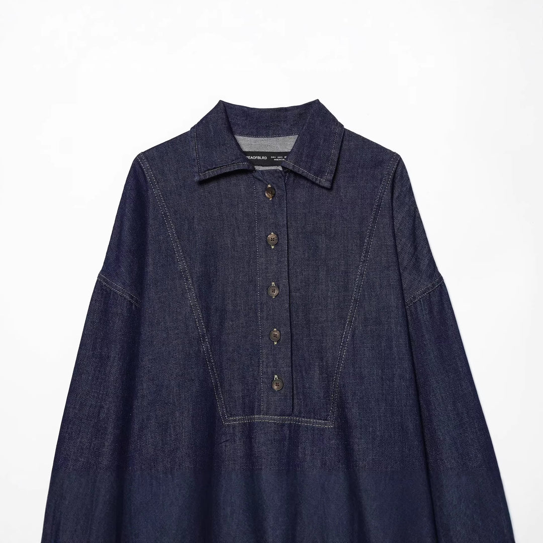 Women's Oversized Denim Tunic with Half Button Placket and Distinctive Stitching Details Mune Fashion