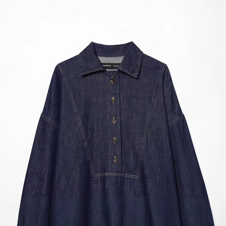 Women's Oversized Denim Tunic with Half Button Placket and Distinctive Stitching Details Mune Fashion