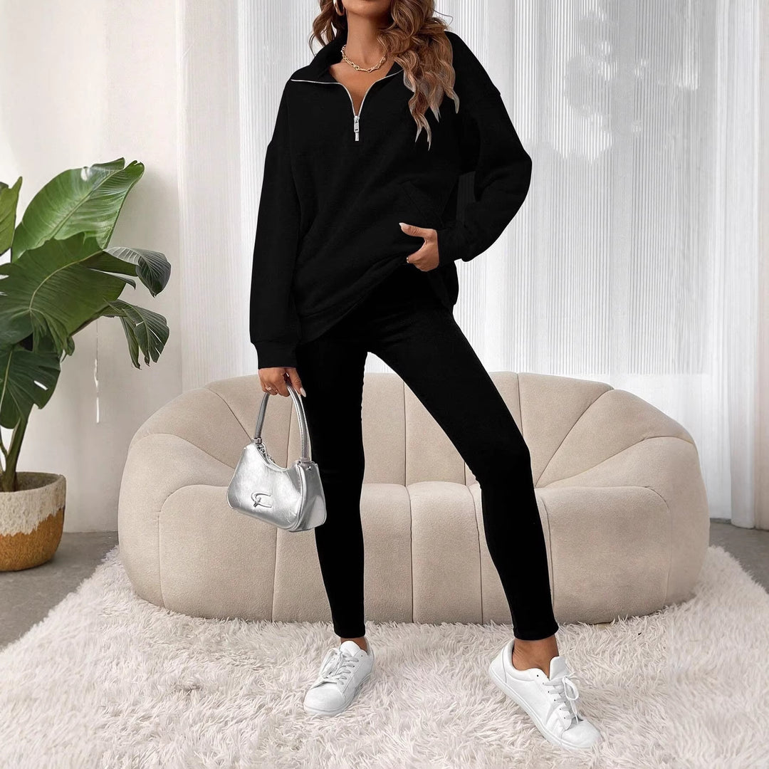 Women's Oversized Sweatshirt with Half Zipper, Kangaroo Pocket, and Stand Collar Drune