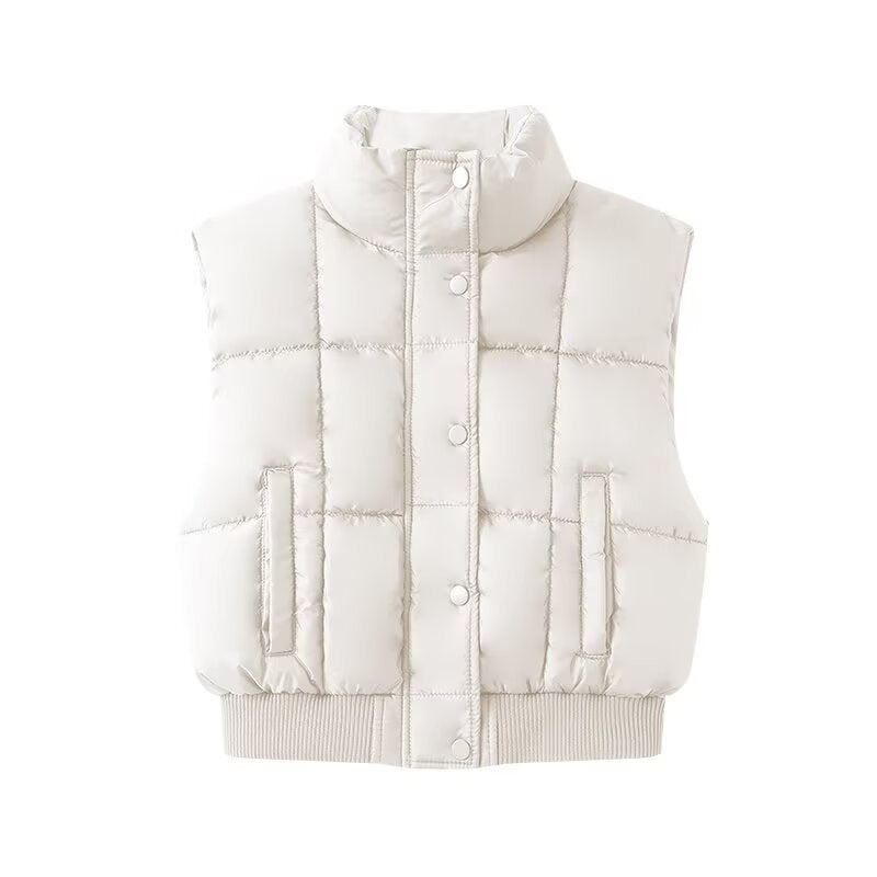Women Quilted Cropped Puffer Vest with Stand Collar and Ribbed Hem Mune Fashion