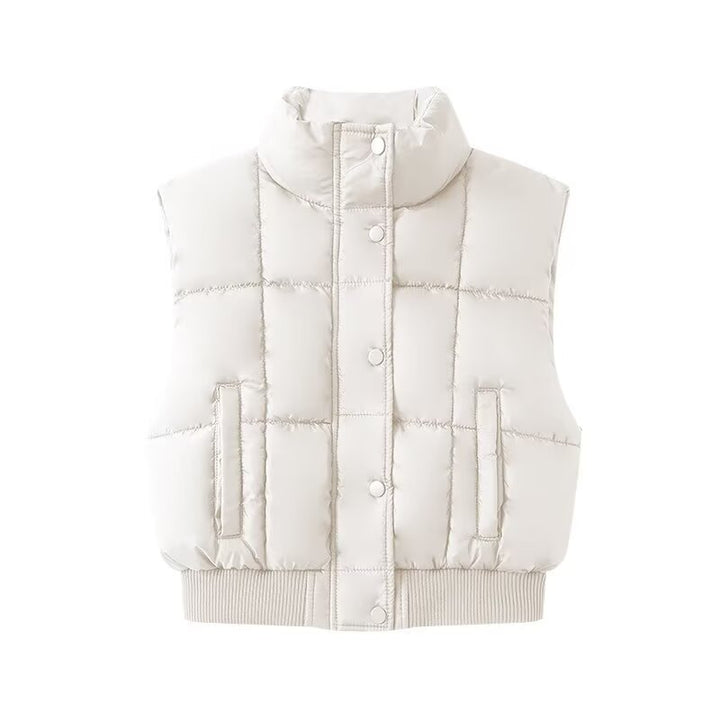 Women Quilted Cropped Puffer Vest with Stand Collar and Ribbed Hem Mune Fashion