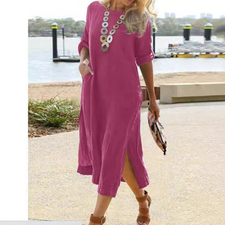 Women Linen Look Midi Dress with Side Slits, Patch Pockets and Three-Quarter Sleeves Mune Fashion