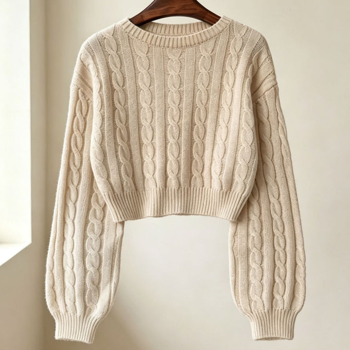 Women Cropped Cable Knit Sweater with Boxy Silhouette and Balloon Sleeves Mune Fashion