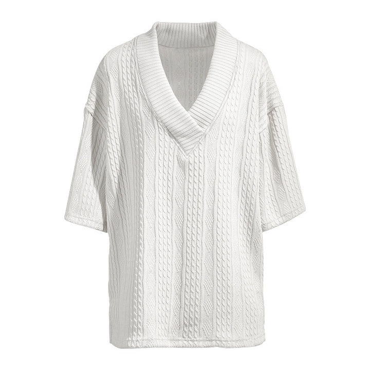 Women's Oversized Short Sleeve Knit Sweater with Deep V-Neck and Cable Knit Pattern Mune Fashion