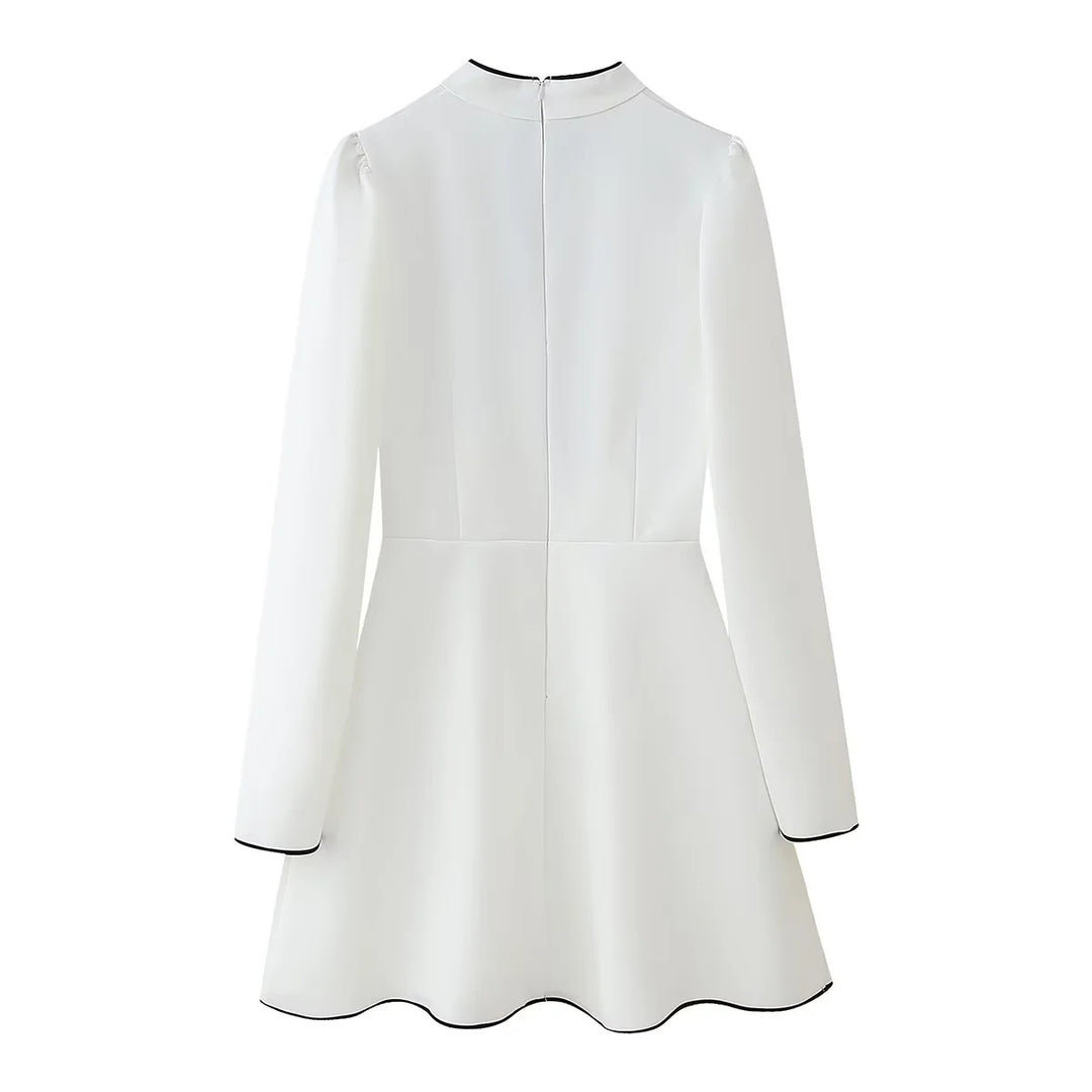 Women's fitted A-line dress with stand collar, bow detail and contrast piping Mune Fashion