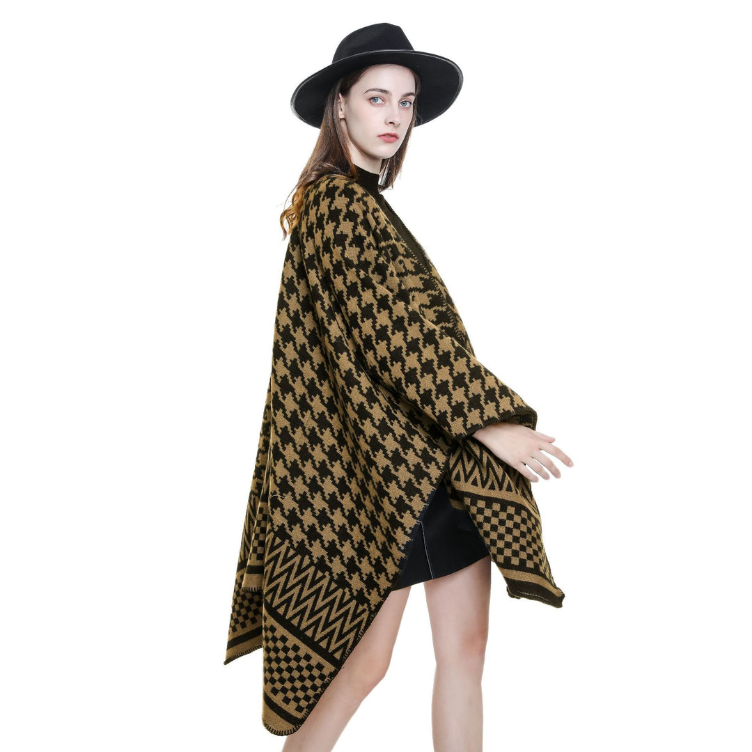 Women's Jacquard Cape Poncho with Houndstooth and Geometric Pattern Mune Fashion