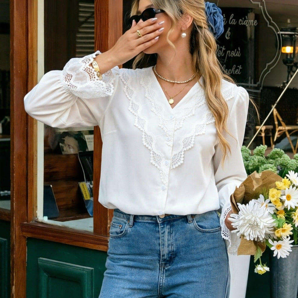Women's lace blouse with V-neck, crochet trim and button placket Mune Fashion