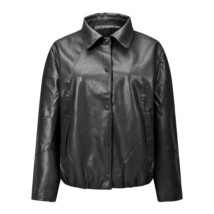 Women's short-cut faux leather blouson jacket with snap button front, shirt collar & elastic hem Mune Fashion