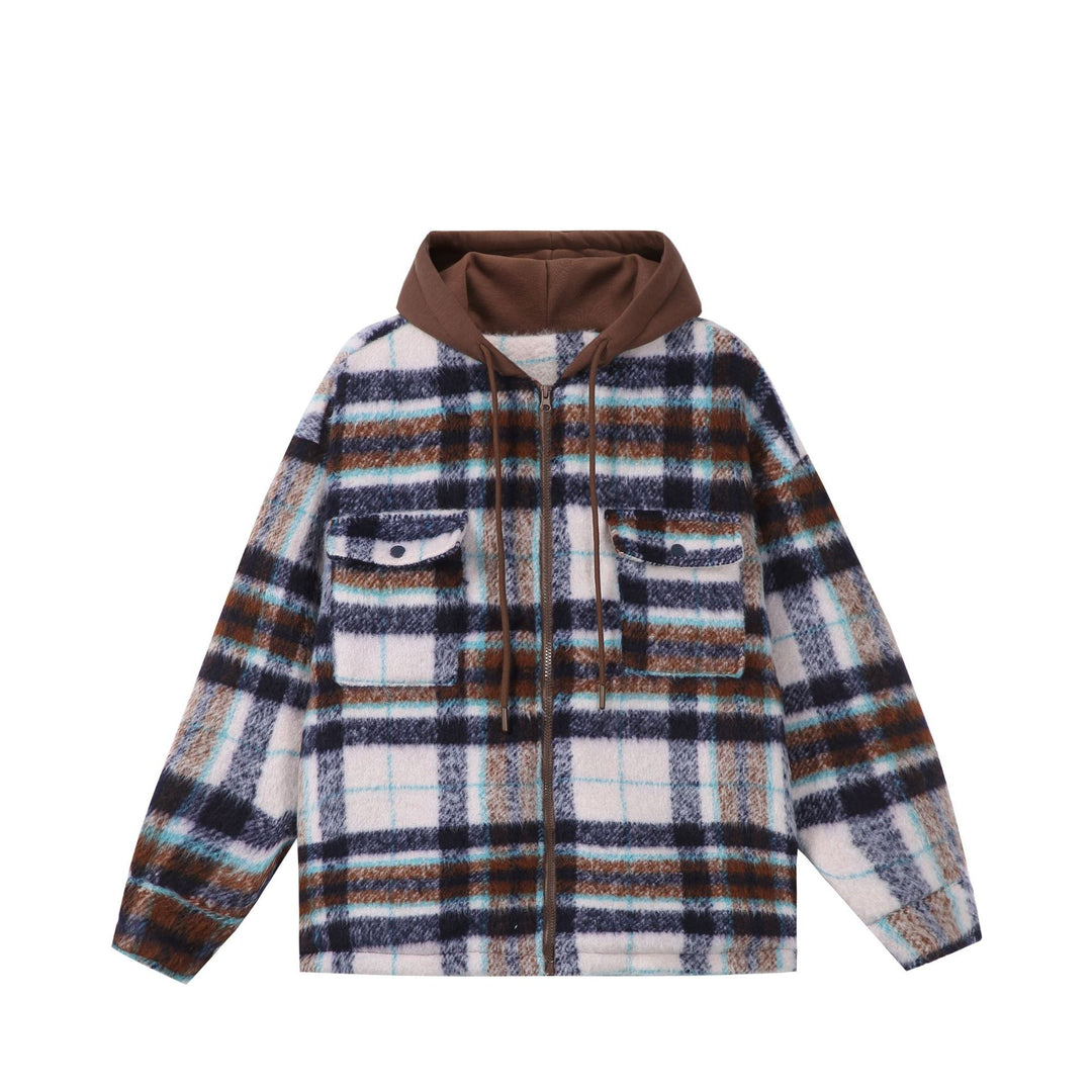 Unisex short cut plaid faux fur jacket with hood and zipper Mune Fashion