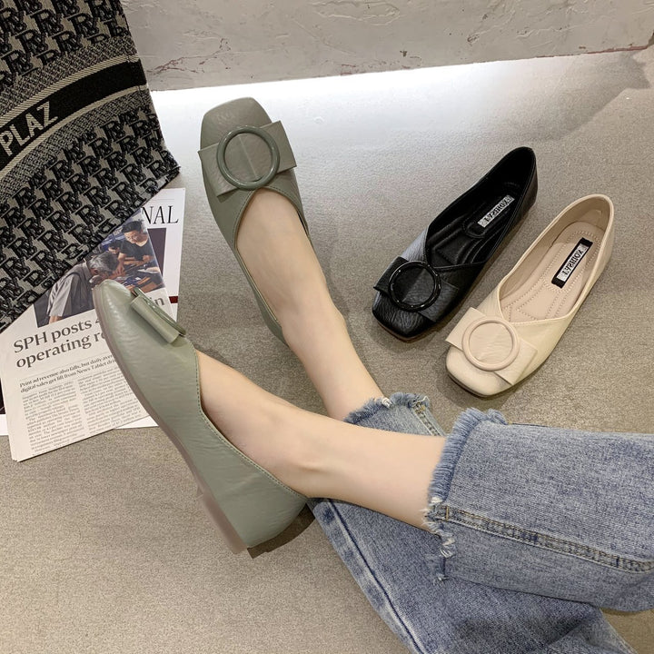 Women's Elegant Slipper-Ballet Flats with Square Toe and Decorative Round Buckle Mune Fashion