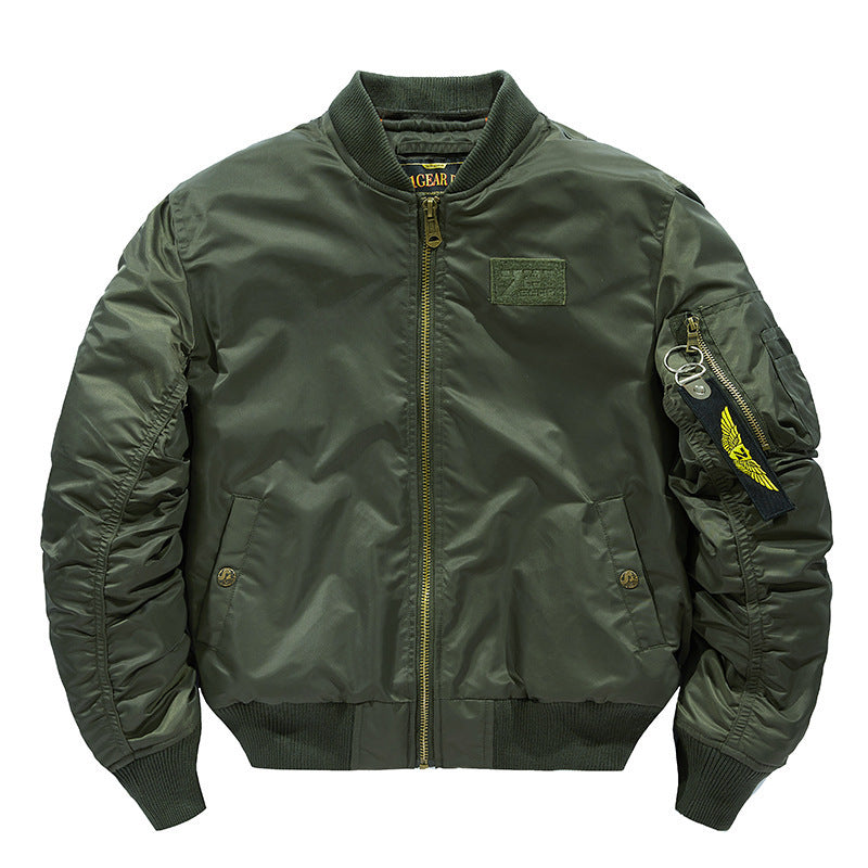 Men's aviation-inspired bomber jacket with integrated hood insert, arm pocket, and padded lining Mune Fashion