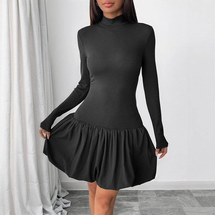 Women Fitted Mini Dress with Ribbed Top, Stand Collar and Gathered Balloon Skirt Mune Fashion