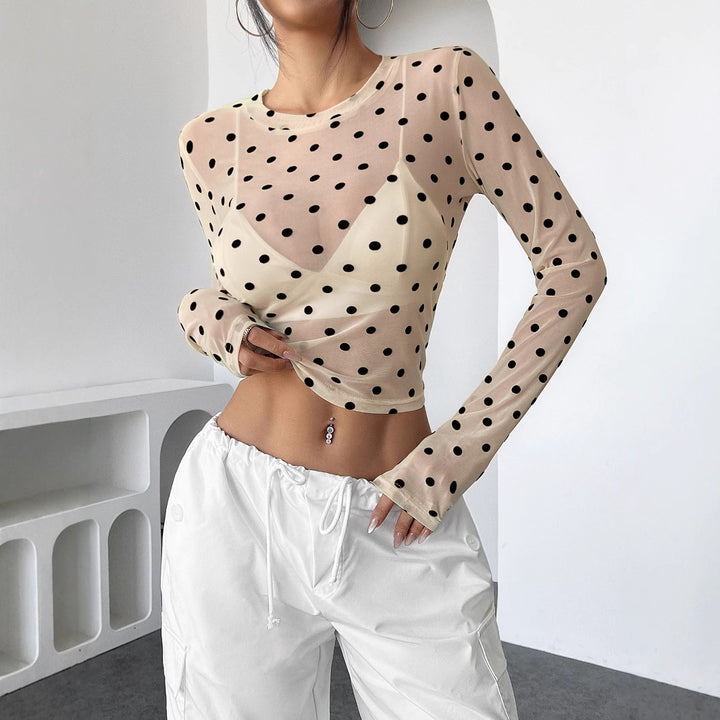 Women’s belly-free mesh fabric top with polka dot pattern and integrated bustier Mune Fashion