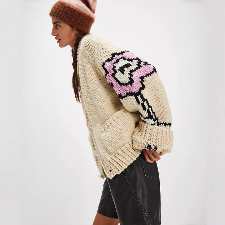 Women Oversized Chunky Knit Cardigan with Shawl Collar, Floral Intarsia & Button Placket Mune Fashion