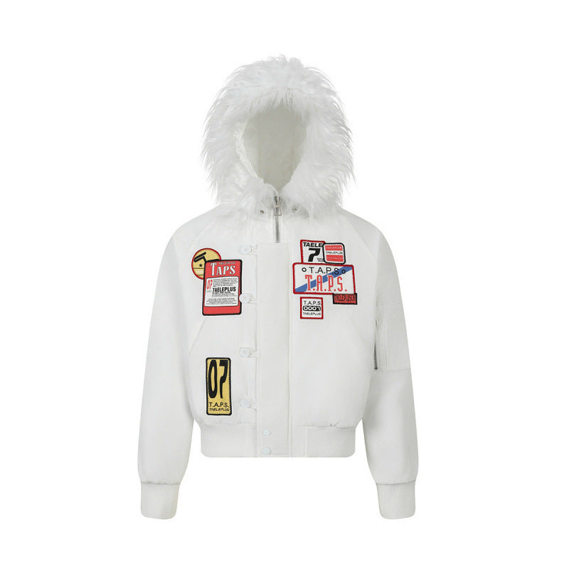 Women short-cut padded bomber jacket with faux fur hood and applied label patches Mune Fashion