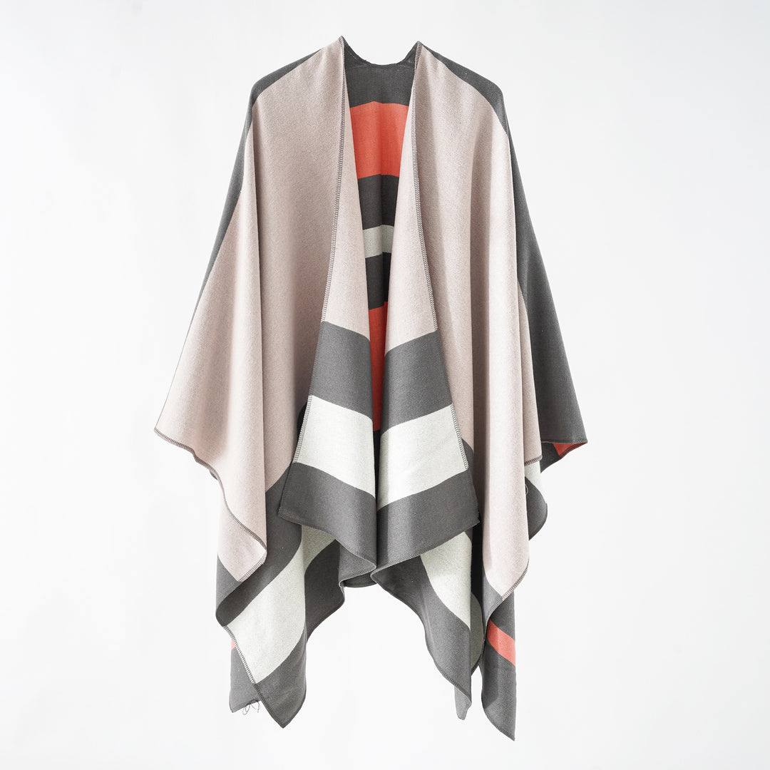 Women’s Oversize Ruana in Cape Style made of Wool Look with Geometric Block Stripes Mune Fashion