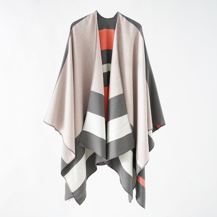 Women’s Oversize Ruana in Cape Style made of Wool Look with Geometric Block Stripes Mune Fashion