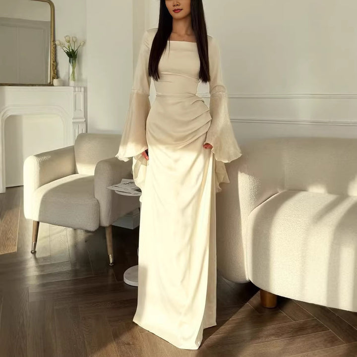 Women evening dress with square neckline, transparent bell sleeves and draped waist section Drune