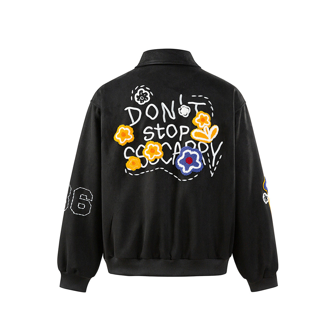 Unisex Boxy Blouson Jacket with Embroidered Floral Patches and Elastic Hem Mune Fashion