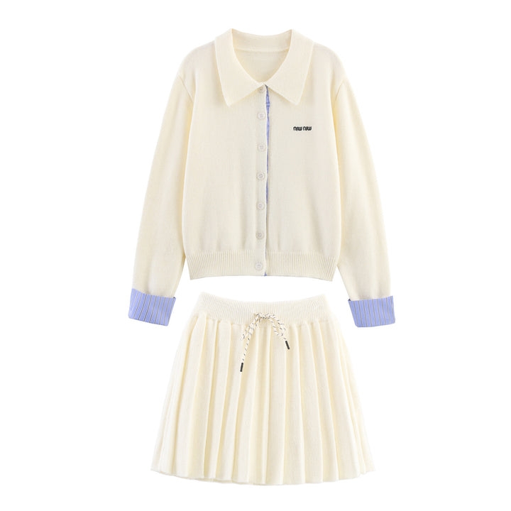 Women Two-Piece Fine Knit Set with Shirt Collar Cardigan and Pleated Skirt Mune Fashion