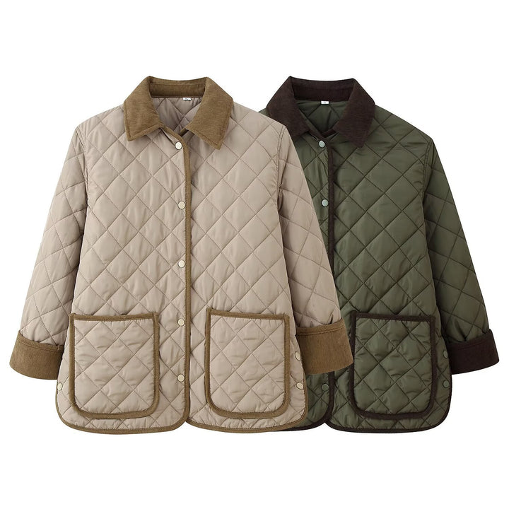 Ladies quilted jacket with cord collar, flap pockets and snap button closure Mune Fashion
